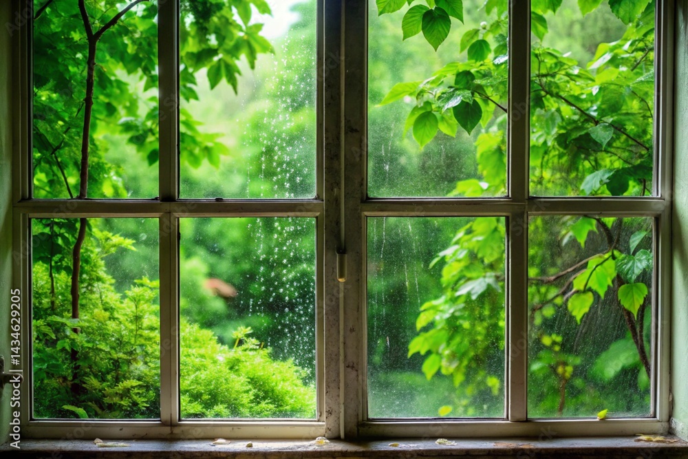 Rainy Day View Through a Window with Flowers Rainy Day View Through a Window with Flowers