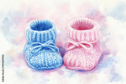 Watercolor illustration of knitted baby booties in pink and blue, newborn