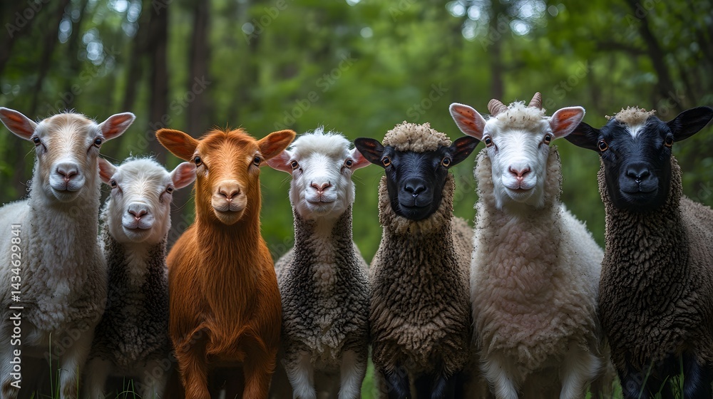 Obraz premium A colorful lineup of diverse sheep breeds stands against a soft, green forest backdrop. Their various wool textures and hues create a charming pastoral scene. Future Farming Background
