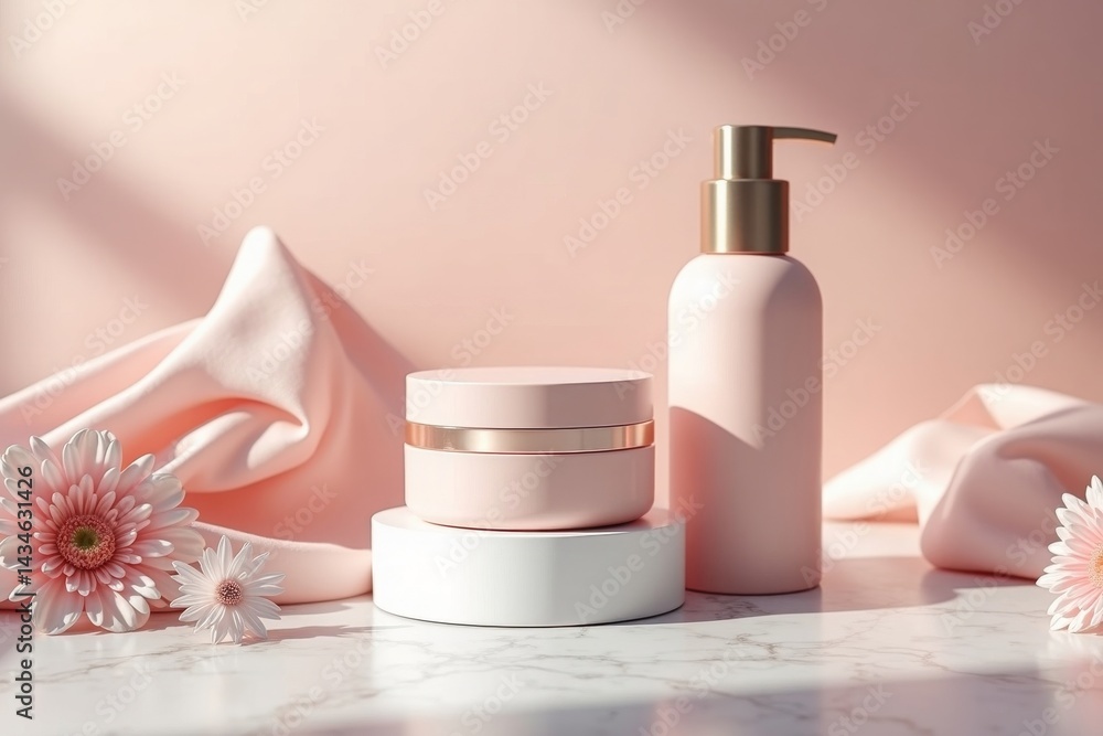 luxurious mockup of a customizable cosmetic product packaging, cream jar or perfume bottle, placed on a marble surface with soft reflections, surrounded by delicate flowers and a silk cloth luxurious mockup of a customizable cosmetic product packaging, cream jar or perfume bottle, placed on a marble surface with soft reflections, surrounded by delicate flowers and a silk cloth
