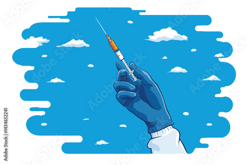 Gloved Hand Holding Syringe Against Blue Background s vaccination isolated