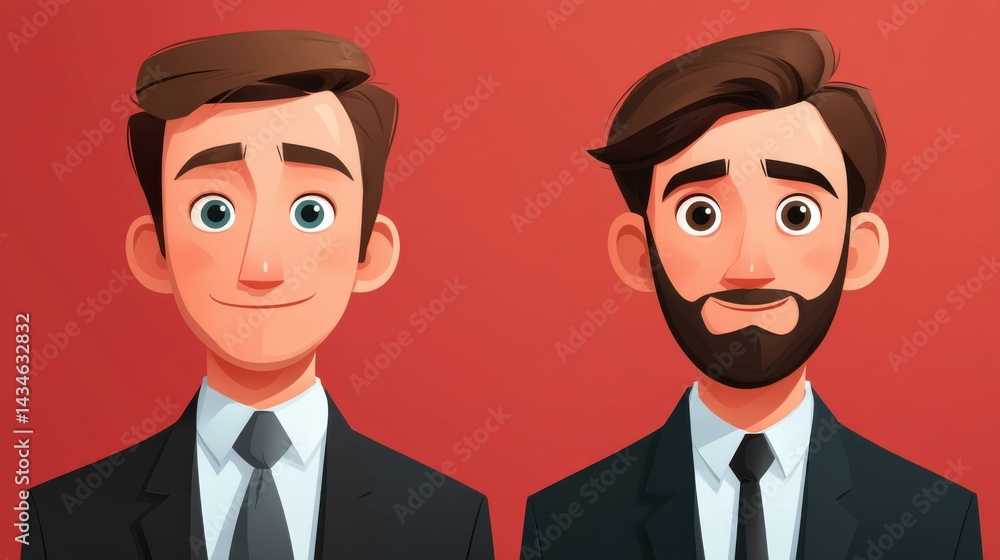 Dynamic business illustration featuring identical men in striking suits on a bold red background for impactful visual appeal. Dynamic business illustration featuring identical men in striking suits on a bold red background for impactful visual appeal.
