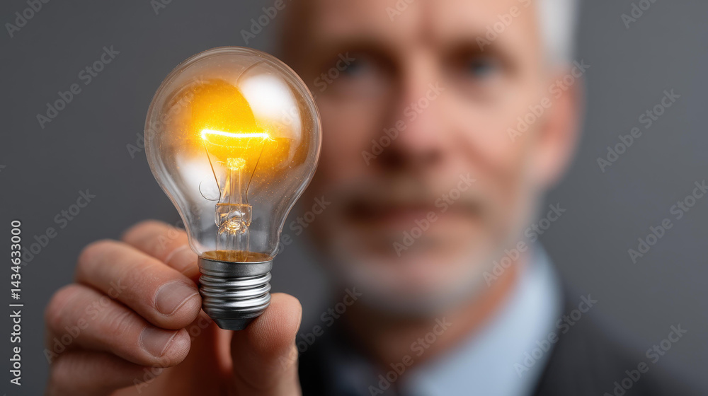 Businessman shines with an idea, holding a lightbulb representing innovation, creativity, and smart solutions.