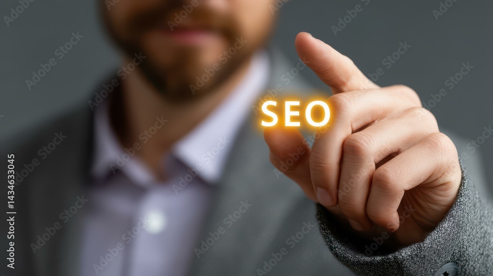 A businessman interacts with virtual SEO icons, enhancing website traffic and search engine rankings through optimization.