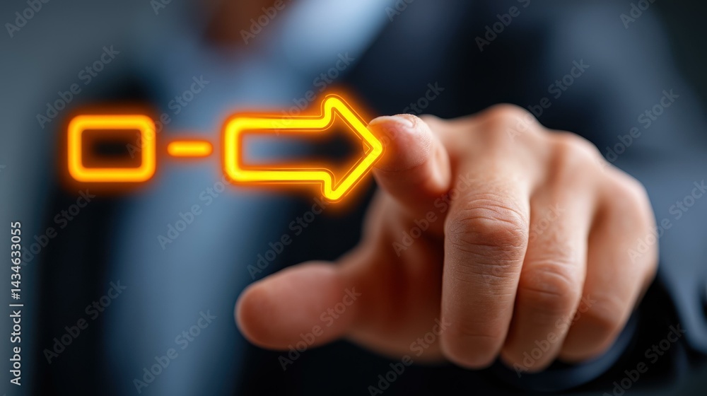 In a modern workspace, a businessman interacts with a virtual flowchart, showcasing dynamic business processes and workflow management.