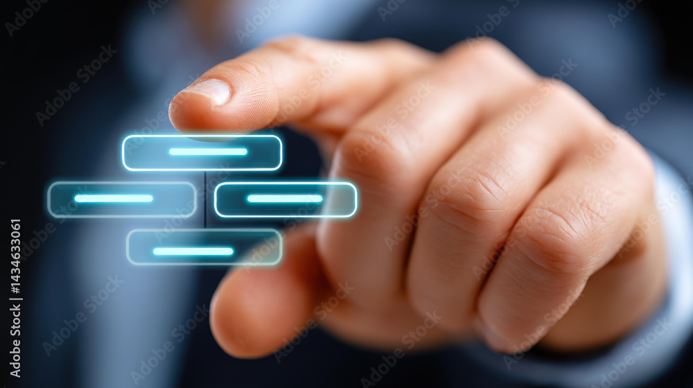 A businessman interacts with a workflow automation system, showcasing the hierarchy of departments in a business.
