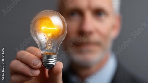 Obraz na płótnie Businessman shines with an idea, holding a lightbulb representing innovation, creativity, and smart solutions. w salonie