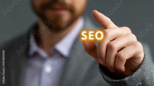 Obraz na płótnie A businessman interacts with virtual SEO icons, enhancing website traffic and search engine rankings through optimization. w salonie