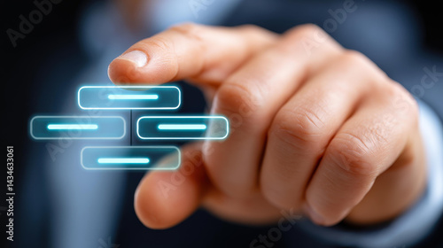 A businessman interacts with a workflow automation system, showcasing the hierarchy of departments in a business.