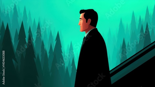 A businessman ascends an escalator, gazing at a lush forest, embodying ambition and a vision for a greener future.