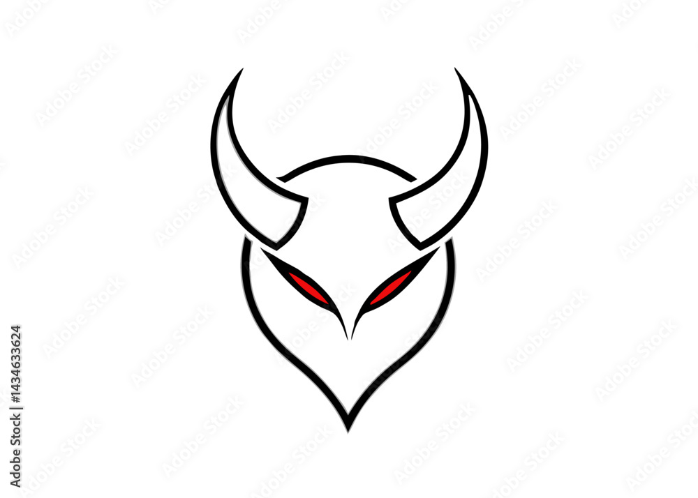 Mysterious Enigma: A stark image of a stylized devilish face with sharp horns and piercing red eyes, against a pristine backdrop of a serene and pure appearance. Mysterious Enigma: A stark image of a stylized devilish face with sharp horns and piercing red eyes, against a pristine backdrop of a serene and pure appearance.