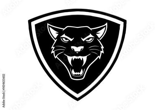Symbol of Strength: A fierce panther head, meticulously illustrated within a bold, geometric shield, captures the essence of power and agility in monochromatic elegance.