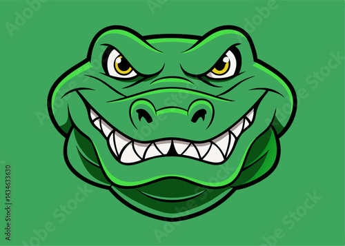 Alligator's Gaze: A detailed cartoon head of an alligator, featuring sharp teeth and intense eyes. The vibrant green background amplifies the reptilian predator's formidable presence.