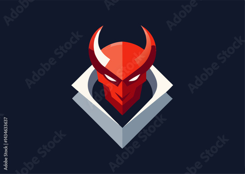 Infernal Essence: An abstract depiction of a red, horned figure, a symbol of mystique and ominous presence, rendered with minimalist geometry against a dark background.