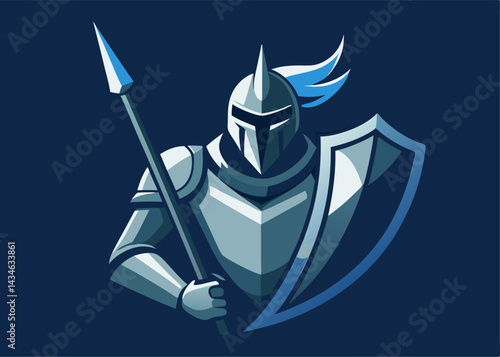 Knight's Vigil: A formidable knight, armor gleaming, stands poised with a spear and shield, embodying strength, courage, and readiness.