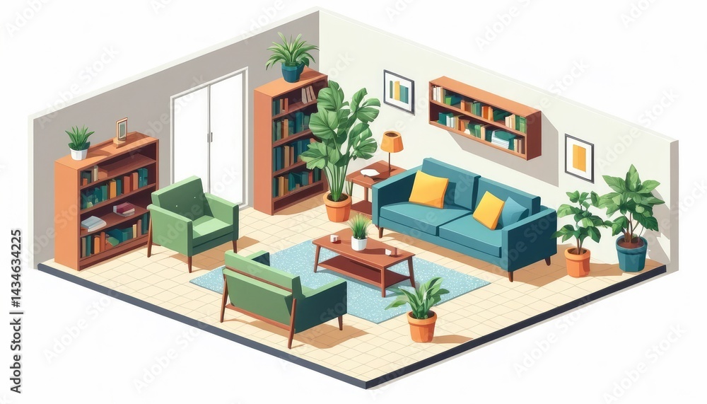 Naklejka premium Modern living room interior design illustration shows a home with furniture in an urban residential apartment