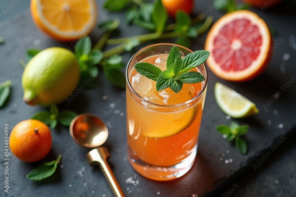 Top-down composition of a cocktail garnish prep, fresh mint, citrus slices, a muddler, and a glass on a sleek bar counter Top-down composition of a cocktail garnish prep, fresh mint, citrus slices, a muddler, and a glass on a sleek bar counter