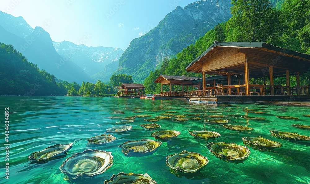 Naklejka premium Calm lake with wooden houses, clear water, and lily pads. Majestic mountains in background