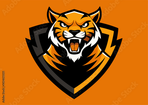 Fierce Tiger Mascot Logo: A powerful tiger head logo design, featuring a roaring tiger within a shield, perfect for a sports team, company, or brand needing a strong visual identity. 
