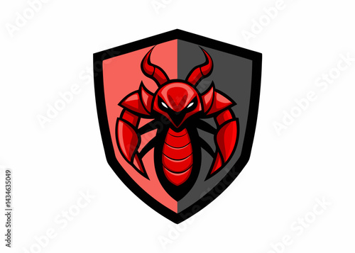 Crimson Ant Shield: An artistic emblem of strength and strategy, featuring a formidable ant character armored within a protective shield, rendered in a striking palette of red and gray.