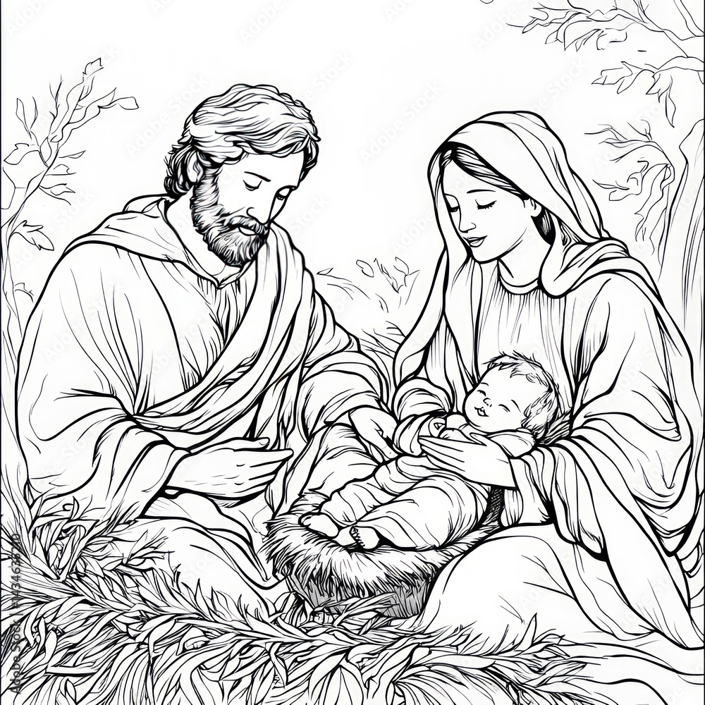 Fototapeta premium Detailed Black and White Coloring Page of Nativity Scene