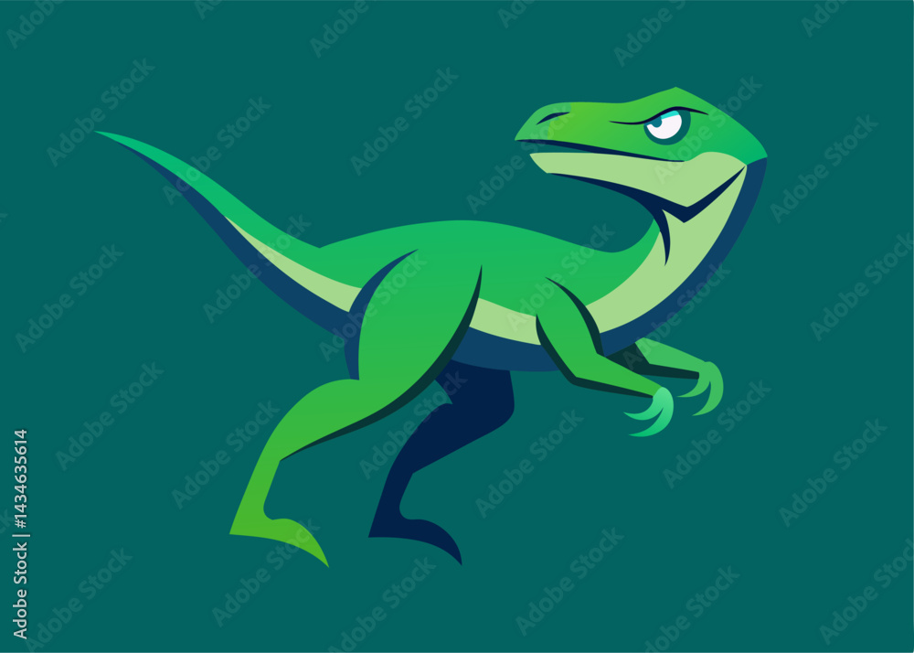Fototapeta premium Jurassic Green: A bold, vibrant graphic illustration of a single, sleek Velociraptor against a deep teal backdrop, symbolizing prehistoric power and primal nature.