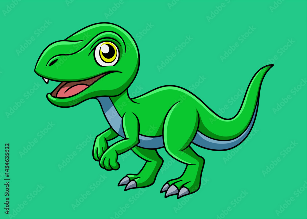 Fototapeta premium Cute Green Dinosaur Cartoon: An adorable cartoon illustration of a cheerful, green baby dinosaur, perfect for children's books, websites, or educational materials.