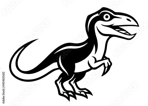 Monochrome Velociraptor Illustration: A striking monochrome illustration showcases the predatory prowess of a Velociraptor. The dinosaur's sleek, streamlined form is captured in bold lines. 