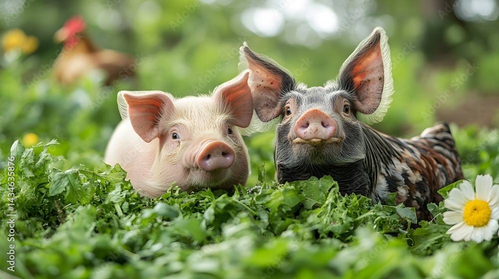 Two adorable pigs, one pink and one striped, relax amidst lush green vegetation. A chicken pecks in the background with a yellow flower. Captivating farm scene. Future Farming Background Two adorable pigs, one pink and one striped, relax amidst lush green vegetation. A chicken pecks in the background with a yellow flower. Captivating farm scene. Future Farming Background