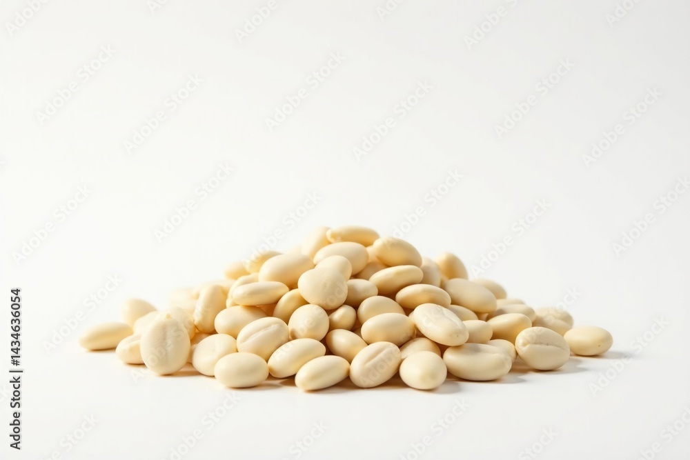 Pile of white beans against a stark white backdrop, still life, white background Pile of white beans against a stark white backdrop, still life, white background