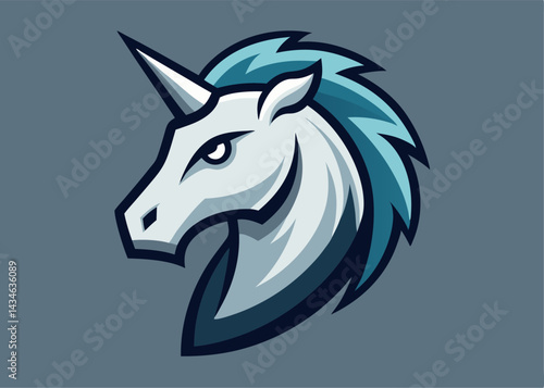 Majestic Unicorn Head Logo: A stylized illustration of a majestic unicorn's head, featuring a flowing teal mane and a single spiraled horn.  The design is perfect for branding or gaming imagery.