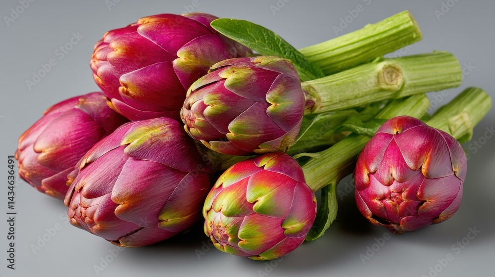 A vibrant array of fresh, organic artichokes showcases their unique hues and textures in a topdown view.
