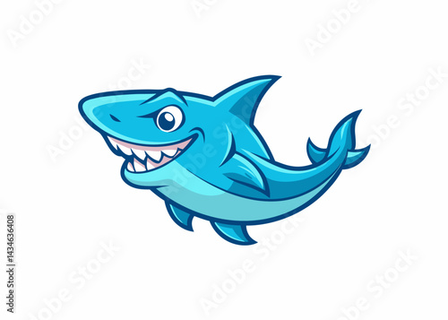 Smiling Shark Cartoon: A fun and friendly cartoon shark with sharp teeth and a big smile, perfect for kids' apparel and accessories.