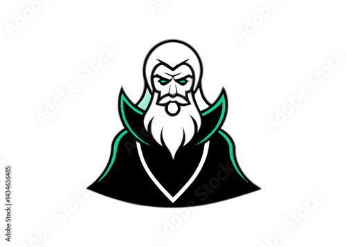 Mystical Seer's Silhouette: A graphic illustration captures a wizened wizard's serious gaze, his long beard flowing as he embodies an aura of ancient wisdom and arcane power.