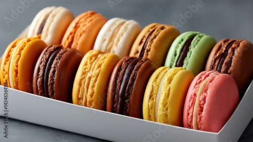 Indulge in a vibrant box of colorful French macarons, perfect for any celebration or sweet craving moment.