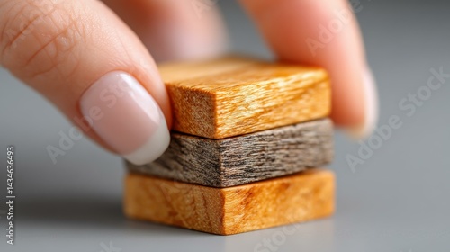 A hand skillfully stacks wooden blocks, symbolizing the strategic growth and leadership vital for business success in entrepreneurship.