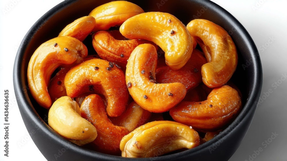 A clean bowl of cashews captured from above, showcasing the nuts natural shape and color against a white backdrop.