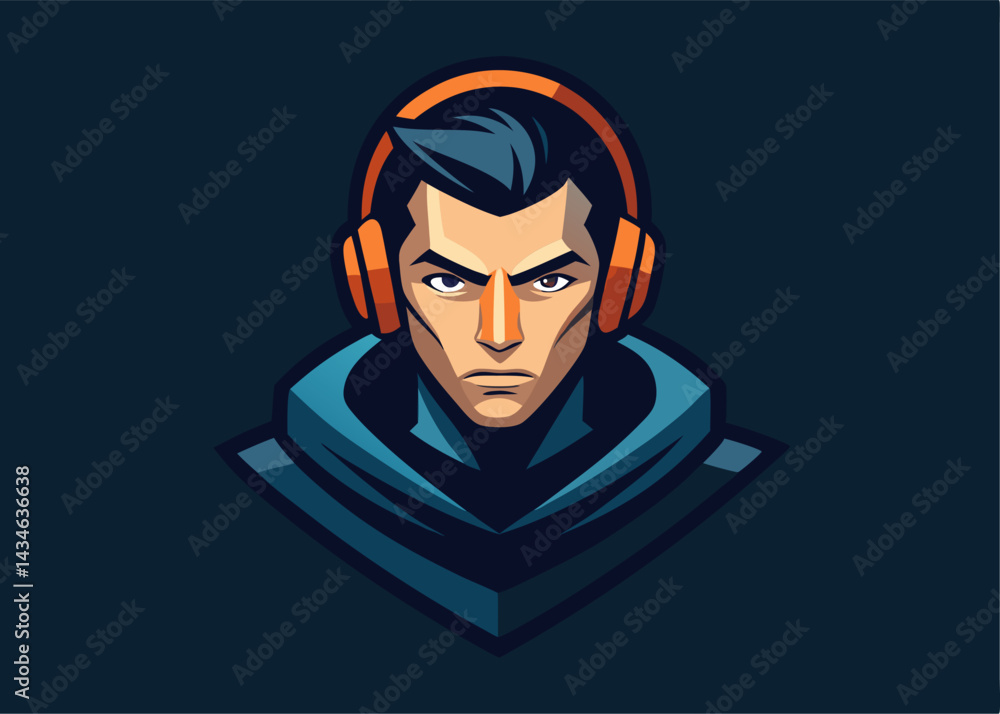 Esports Gamer: A determined esports gamer in a stylized illustration. Featuring headphones and determined gaze. Representing focus, skill, and competition Esports Gamer: A determined esports gamer in a stylized illustration. Featuring headphones and determined gaze. Representing focus, skill, and competition