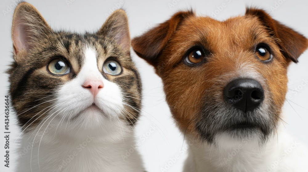Adorable pets gaze upwards against a clean white background, perfect for adding warmth to your design or promotion.