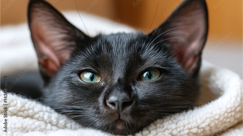 A delightful black kitten nuzzles into a soft, white blanket, enjoying a cozy and peaceful moment of soulful rest.
