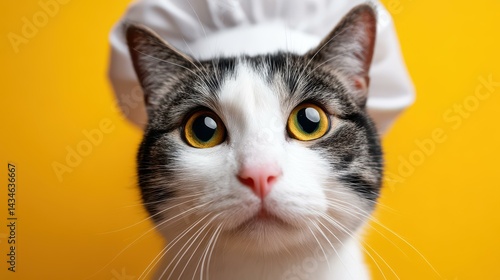 Obraz na płótnie A whimsical cat chef dons a white hat and apron, bringing a playful vibe to a bright yellow backdrop. w salonie