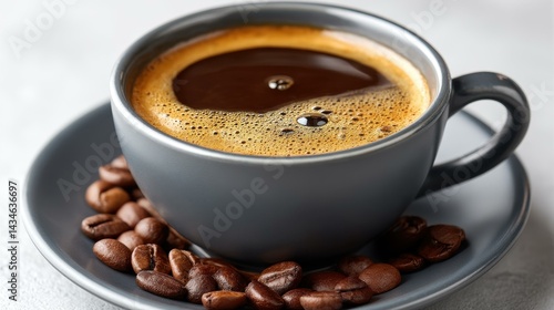 A rustic ceramic coffee cup filled with fresh coffee beans, showcased beautifully against a clean white background.