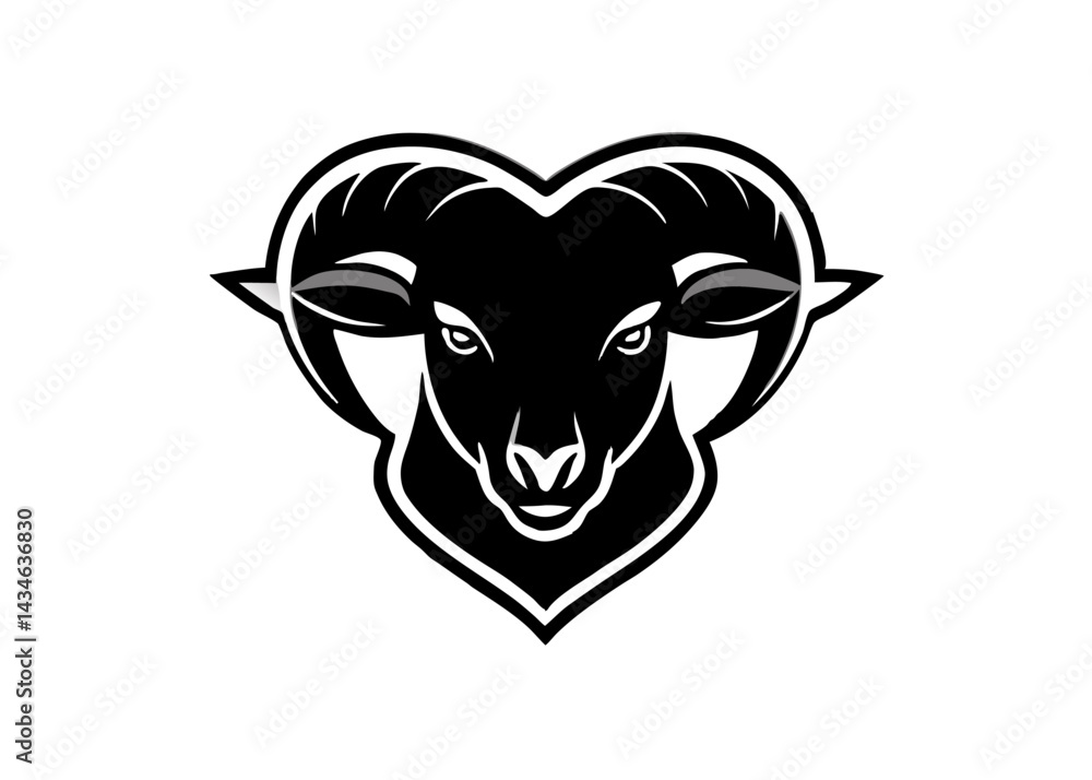 Naklejka premium Heart of a Ram: A powerful silhouette of a ram's head encased within a heart shape, a striking and bold graphic design conveying strength, love, and resilience. 