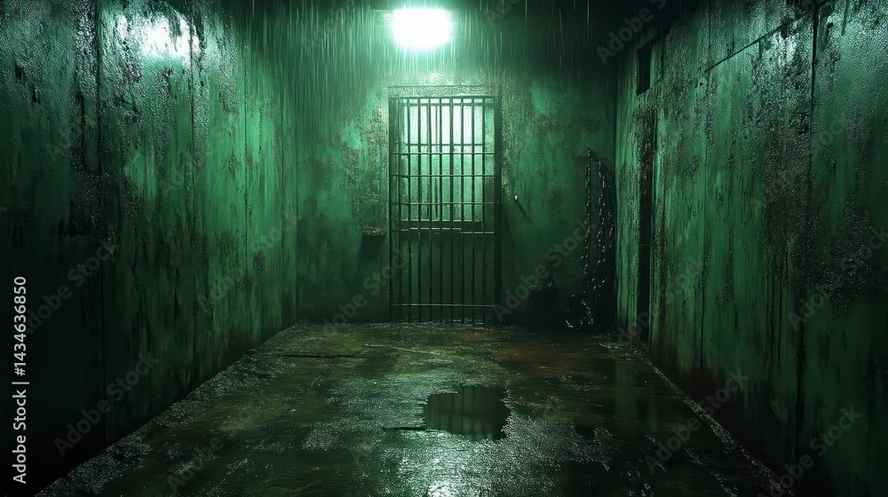 Creepy Dungeon with Wet Walls and Barred Door Haunted Atmosphere Green Lighting Horror Scene Creepy Dungeon with Wet Walls and Barred Door Haunted Atmosphere Green Lighting Horror Scene