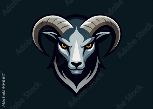 Ram Emblem: An illustration of a powerful ram head, with a sleek and modern design, featuring sharp horns, a piercing gaze, and a bold presence, ideal for emblems, logos, and visual branding.