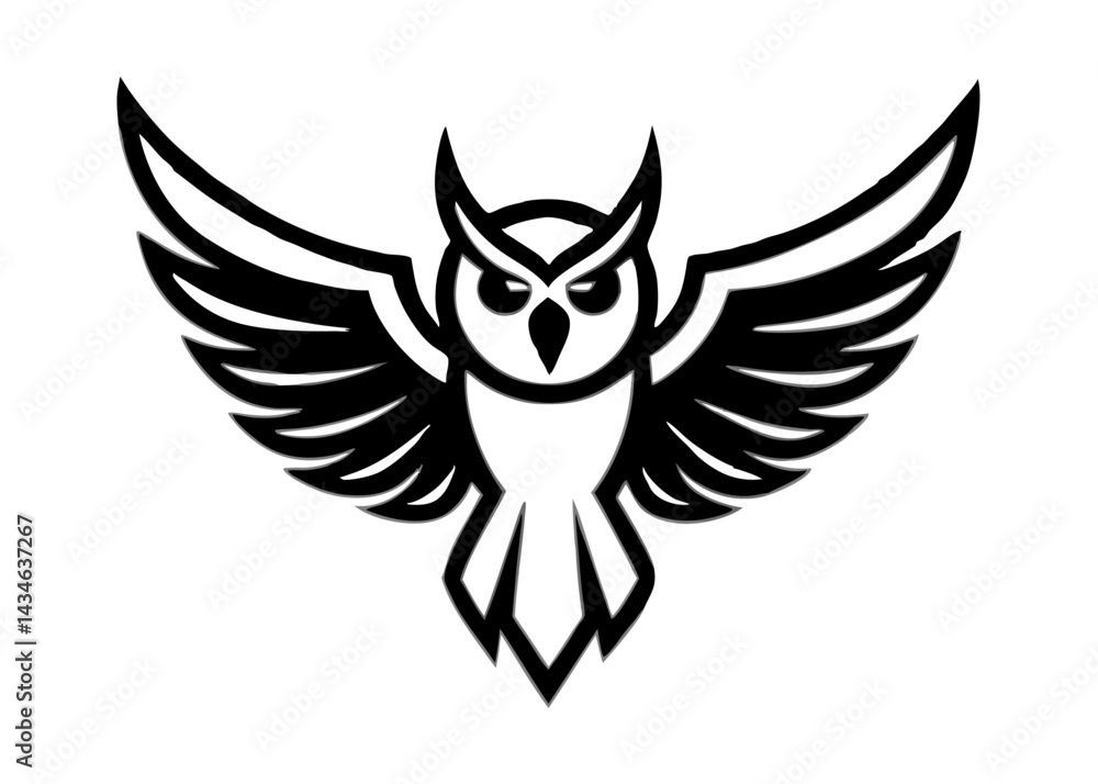 Obraz premium Symbol of Wisdom: A bold black-and-white graphic of an owl in flight, symbolizing wisdom and knowledge. This striking illustration embodies the essence of intellectual power and insight.