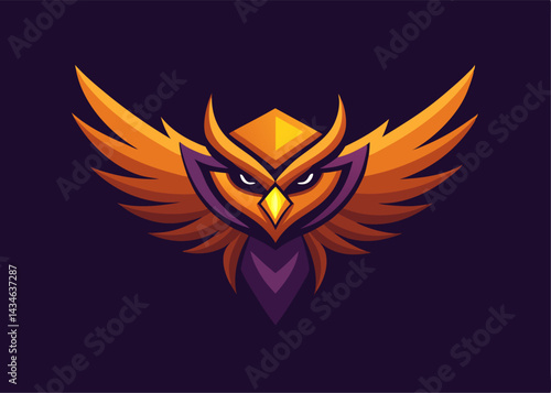Majestic Owl Emblem: A stylized graphic features an owl with spread wings, its piercing gaze and symmetrical design commanding attention, perfect for representing wisdom and vigilance.