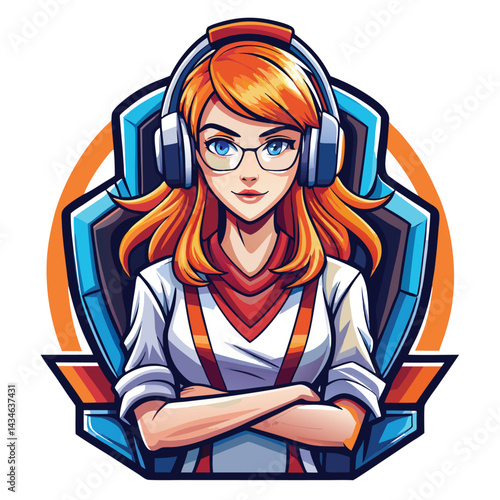 Female gamer with headphones and glasses