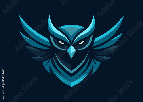 Owl in abstract art: An elegant and detailed owl illustration with artistic abstract wings spread against the dark blue background, the image conveys both wisdom and grace.