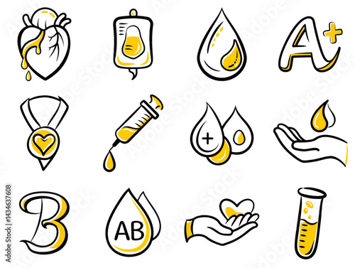 Healthcare icons collection featuring blood donation and health monitoring in yellow and black colors
